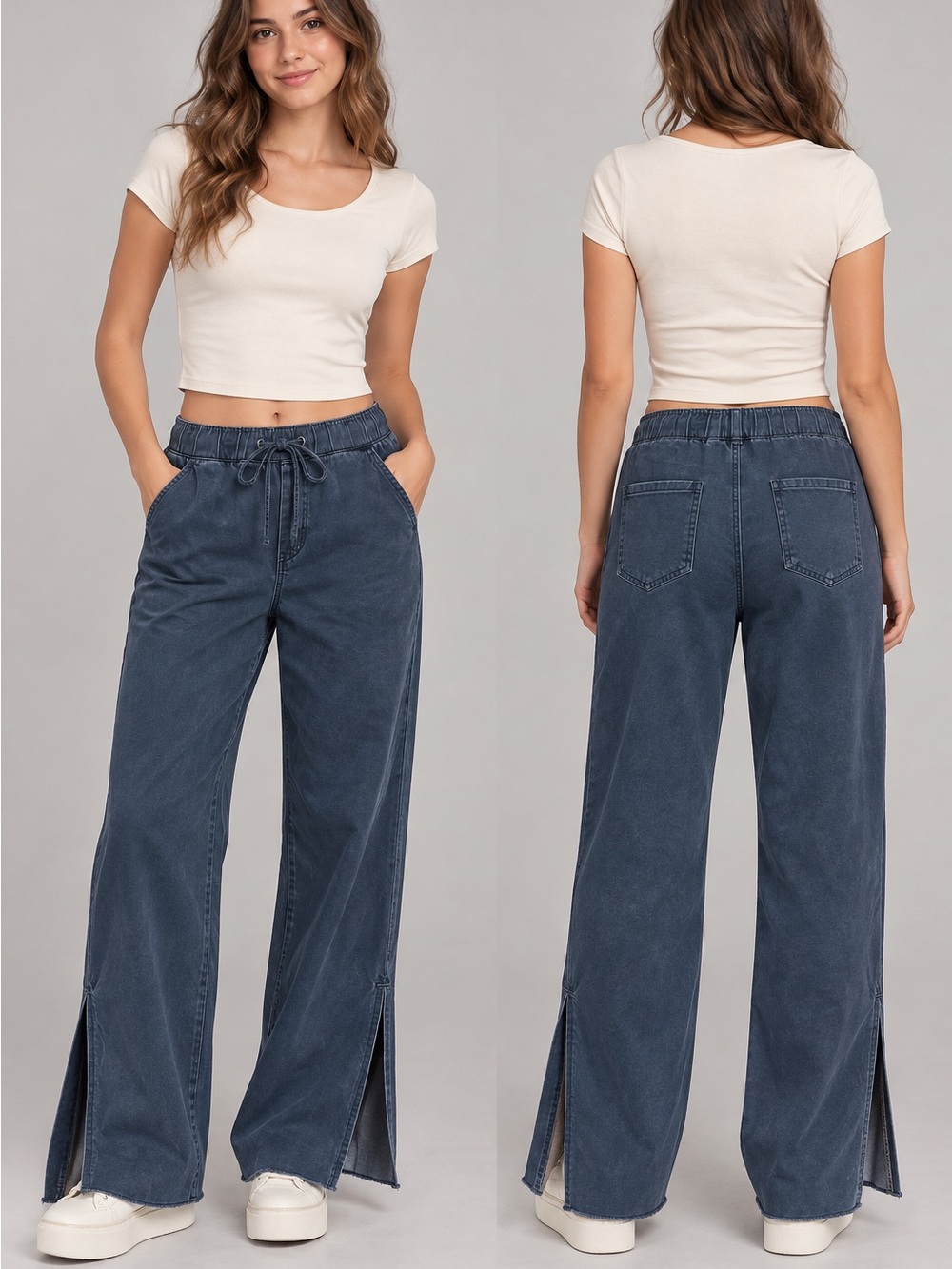 Rewash Washed Navy Wide Leg Drawstring Jeans